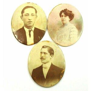 3 Antique Edwardian Oval Photo Plaques Hand-Colored Woman Men Handlebar Mustache